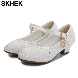 SKHEK Princess Kids Leather Shoes for Girls Flower Casual Glitter Children High Heel Girls Shoes Butterfly Knot Blue Pink Silver 210306