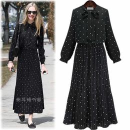 Spring and Autumn South Korean Long Sleeve Dress Polka Dot Print Gathered Waist Floral Pleats Women Elegant 210615