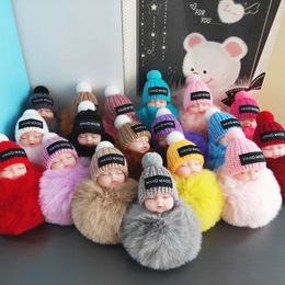 Cute Sleeping Baby Doll Keychain Party Favor Pompom Rabbit Fur Ball Carabiner Key Chain Keyring Women Kids Key Holder Bag Pendant Ring