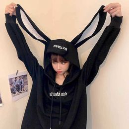 Thin sweatshirt women autumn and winter Korean version college style hooded cute rabbit ears loose women's student hoodies 210526