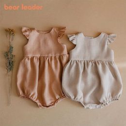 Bear Leader Infant Boys Girls Solid Colour Rompers Fashion born Sleeveless Summer Linen Bodysuits Infant Baby Korean Clothes 210708