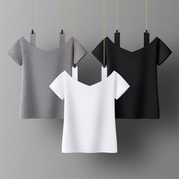 Cotton Women T-shirt Square collar Short Sleeve women shirt All match Lady Top Black White Grey Yellow Shir 210720