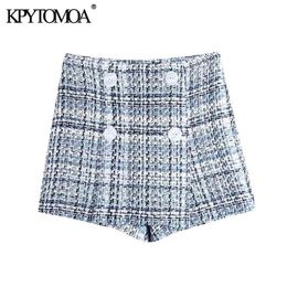 KPYTOMOA Women Chic Fashion With Buttons Tweed Bermuda Shorts Skirts Vintage High Waist Side Zipper Female Skorts Mujer 210724