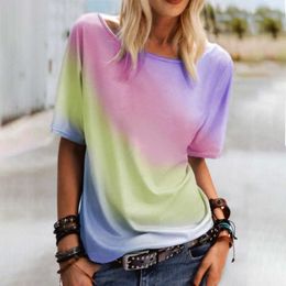 Summer Women Print Shirt Round Neck Three Color Tie-dye Twill T-shirt Street Style Comfortable Loose Ladies Tops 210608