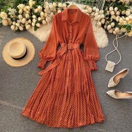 Spring and Summer French Vintage Maxi Dress Sundress Ladies Long Sleeve Orange Polka Dot Chiffon Pleated Dresses Femme Robe