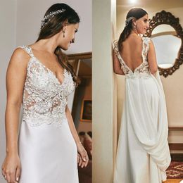 Boho Mermaid Dresses Sexy Backless Vestidos Lace Applique Chiffon Sweep Train Straps Beaded Illusion Top Beach Wedding Gown