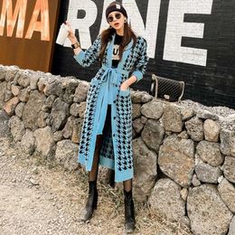 Women Loose Long Knitted Cardigan Sweater Autumn Winter Plaid Split Overcoat Warm Soft With Belt Outwear 210529