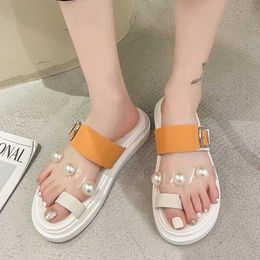 Rimocy Summer Women Clip Toe Platform Flip Flops Big Pearl Thick Bottom Beach Slippers Woman Mix Color Casual Flat Sandals 210528