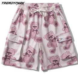 Men's Short Streetwear Summer Hip Hop Oversize Bears Print Pockets Soft Polyester Harajuku Sweatpant Drawstrings Casual Shorts 210714