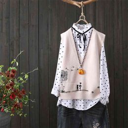 Fashion Embroidery V-neck Knitted Sweater Vest Female Literary Fan Loose Sleeveless Cartoon Pattern Women Spring 210819