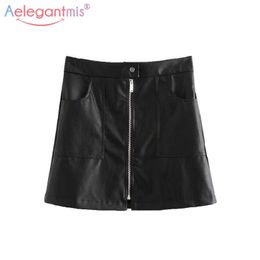 Aelegantmis Classic Elegant Solid Black Pu Leather Skirt Women Spring High Waist Mini Ladies Zipper Casual A-line s 210607