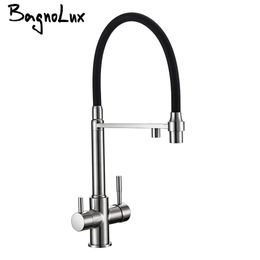 Bagnolux Brushed Nickel Brass Sink Black hose Mount Pull Down Dual Sprayer Nozzle Mixer Water Taps Kitchen Faucet 211108