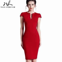 Nice-forever Office Women Vintage Summer Solid Deep V neck Zipper Back Formal Stretch Pencil work Bodycon Pocket Dress 521 220215