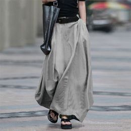 Summer Long Skirt Women Plus Size 5XL Vintage Elastic High Waist Split Hem Pockets Soft Loose Solid A-Line Skirts Femle 210629
