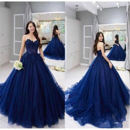 Real Photo Ball Navy Quinceanera Dresses Vintage Lace Applique For 15 Years Pageant Gown