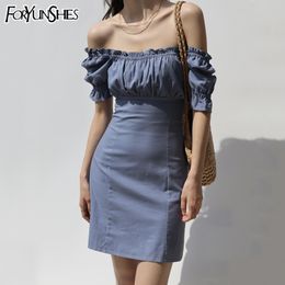 Vintage Blue Mini Dress Women Ruched Short Puff Sleeve Square Collar Summer Sundress Slim Lady Dresses Boho Beach Outfits 210709