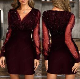 evening dresses for short women UK - Casual Dresses 2021 Fashion Women Short Sequin Evening Dress V-neck Stitching Formal Bodycon With Mesh See-through Lantern Sleeve