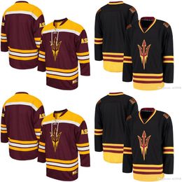 Mens Black Arizona State College Hockey Jerseys Maroon 자수 ASU 하키 팀 Jersey S-3XL