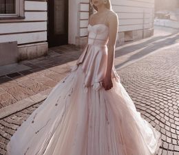 Rose Pink A Line Bridal Gown Summer Spaghetti Strap Appliqued Lace Wedding Dresses Ruched Tulle Custom Made Sweep Train Boho Chic Real Iamge Robes De Mariée