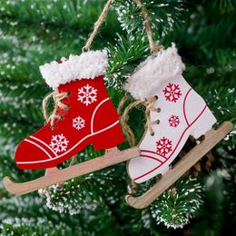 Christmas Hanging Ornament Wooden Skate Shaped with Bell Christmas Tree Decorations Kids Gifts w-01201