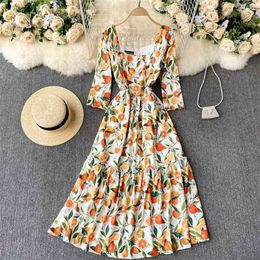 Women Fashion Elegant Feminine Square Neck High Waist Slim Print Dress Spring Vintage Vestidos R898 210527