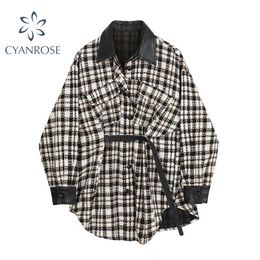 Осень Tweed Showing PU кожаная куртка к клетку для женщин Streetwear отворот однобортное шерстяное пальто с ремнем женщин 21110