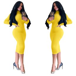 Wholesale Product Solid Color Bodycon Long Dresses For Women Turtleneck Sleeve Sexy Party And Wedding Vestidos Streetwear 210525