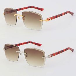 Factory Wholesale Metal Diamond Cut Mirror Lens Rimless Sunglasses Large Glasses Red Marble Arms Plank High Quality Male and Female Engraving 18K Gold Metal Frame