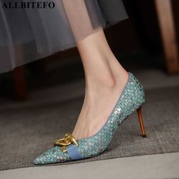 ALLBITEFO golden chain design fashion genuine leather women heels shoes thin heel spring sexy party wedding shoes high heels 210611