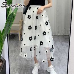 SURMIITRO Midi Long Tulle Skirt Women Summer Korean Style White Black Floral Emroidery High Waist Mid-Length Skirt Female 210712
