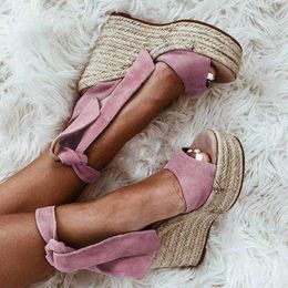 Sandals Heel Wedge Summer High Heels Sandal Ladies Straw Woven Ankle Straps Suede Fish Mouth Women's Shoes Wedges Pumps
