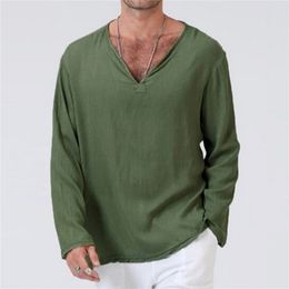 Plus Size 3XL Tunic Mens Shirt Soft Solid Color Linen Basic Casual Long Sleeve V-Neck Shirts Men Summer Spring Loose Tops 210716