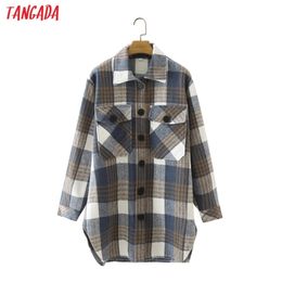 Tangada Women Brown Plaid Thick Woolen Coats Jacket Oversized Long Sleeves Pocket Ladies Elegant Autumn Winter Coat 2M113 211109