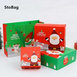 StoBag 10pcs Christmas Santa Claus Green/Red Handle Paper Bags For Baking Cookies Chocolate Package Supplies Cake Decoration 210602