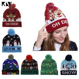 Women Girl Novelty LED Light Up Knitted Cap Holiday Christmas Colorful Sweater Funny Patterns Pompom Cuffed Hat Gift