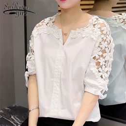 White Plus Size Women Blouses Shirts Fashion Floral Hollow Out Short Sleeve Women's Clothing V-neck Tops Blusas 5XL 823A 30 210225