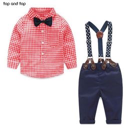 fashion kids grid shirt + suspender newborn Long sleeve baby boy clothes Bowknot gentleman suit free shipping 210309