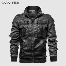 CARANFIER Mens Leather Jackets Motorcycle Stand Collar Zipper Pockets Male US Size PU Coats Biker Faux Leather Fashion Outerwear 211009