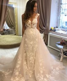 Cap Sleeves Lace Mermaid Wedding Dresses with Detachable Appliqued Tulle Plus Size Bridal Gowns Vestidos De Novia