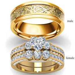 Carofeez Fashion Jewelry Lover's Ring Wedding Gold-color Women Heart Zircon s Set Vintage Dragon Stainless Steel Men