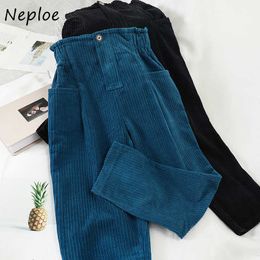 Neploe Elegant Ins Kong Style Simple Harem Pants Solid Colour Soft Corduroy Casual Pants Double Pockets High Waist Pants Q0802