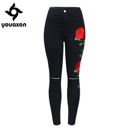 2102 Youaxon Black Embroidery Ripped Knees Jeans Women`s High Waist Stretchy Denim Pants Skinny Pencil Woman 210708