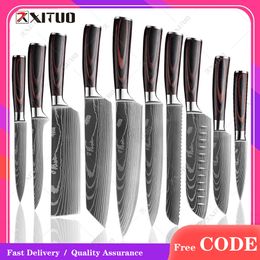 XITUO Chef knife 1-10 Pcs Set Kitchen Knives Laser Damascus Pattern Sharp Japanese Santoku Cleaver Slicing Utility Knife