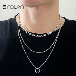 Pendant Necklaces Sindlan 2Pcs Double Layer Punk Silver Color Chain Necklace For Men Hip Hop Geometric Couple Female EMO Fashion Jewelry