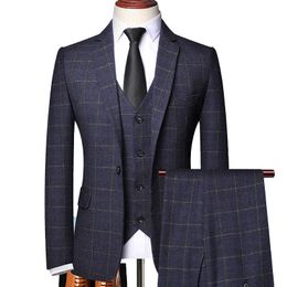 ( Blazer + Vest + Pants ) High-end Brand Fashion Plaid Men's Formal Business Suit 3pec Groom Wedding Dress Tuxedo Casual Suit X0909