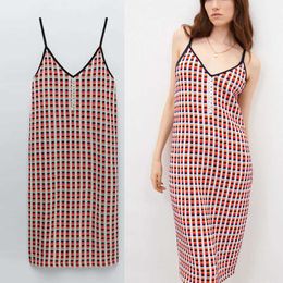 ZA Summer Red Jacquard Dress Women Sleeveless Spaghetti Straps Sexy Plaid Sundress Woman Fashion Knit Party Dresses 210602
