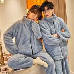 Autumn Winter Warm Flannel Zipper Couple Pajamas Set Women Sleepwear Family Pijama Lover Homewear Cloth Women Casual Men Pyjamas 211118