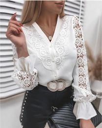 Women Crochet Lace Basic V-Neck T-Shirt Long Sleeve Loose Fitting Tunic Tops Size (S, M, L, XL, XXL)