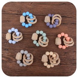Baby Teether Rings Food Grade Beech Wood Teething Ring Soothers Chew Toys Shower Play Round Wooden Bead Newborn Silicone teethers M3799