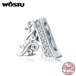 WOSTU 925 Sterling Silver Letter Reflection Charm Alphabet A Zirconia Beads Fit Original Bracelet Bangle DIY Jewellery CQX111 Q0531